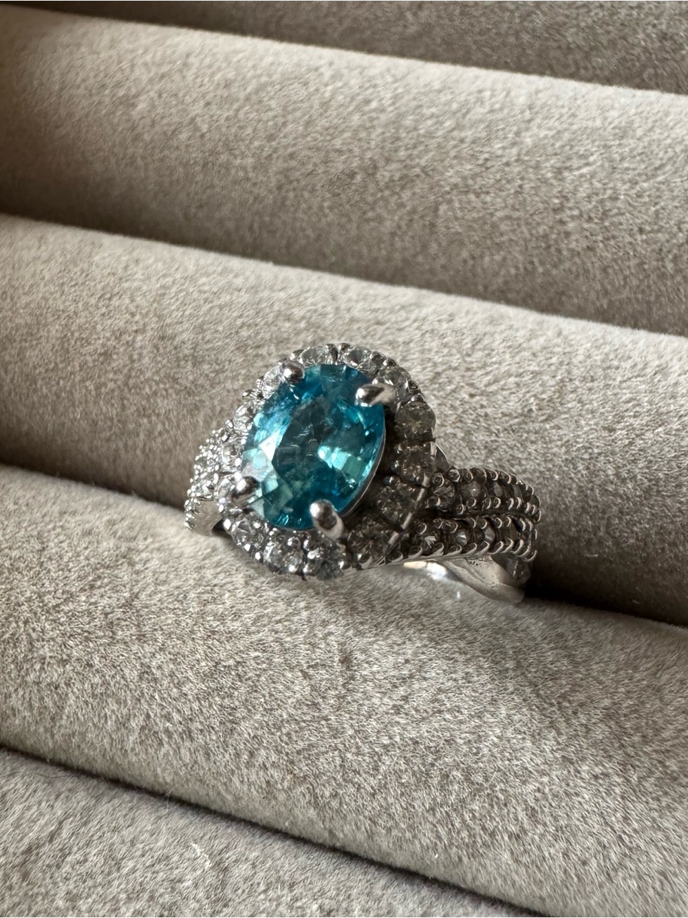 D’Joy 925 Sterling Silver Aqua Blue CZ Halo Statement Ring Size 6